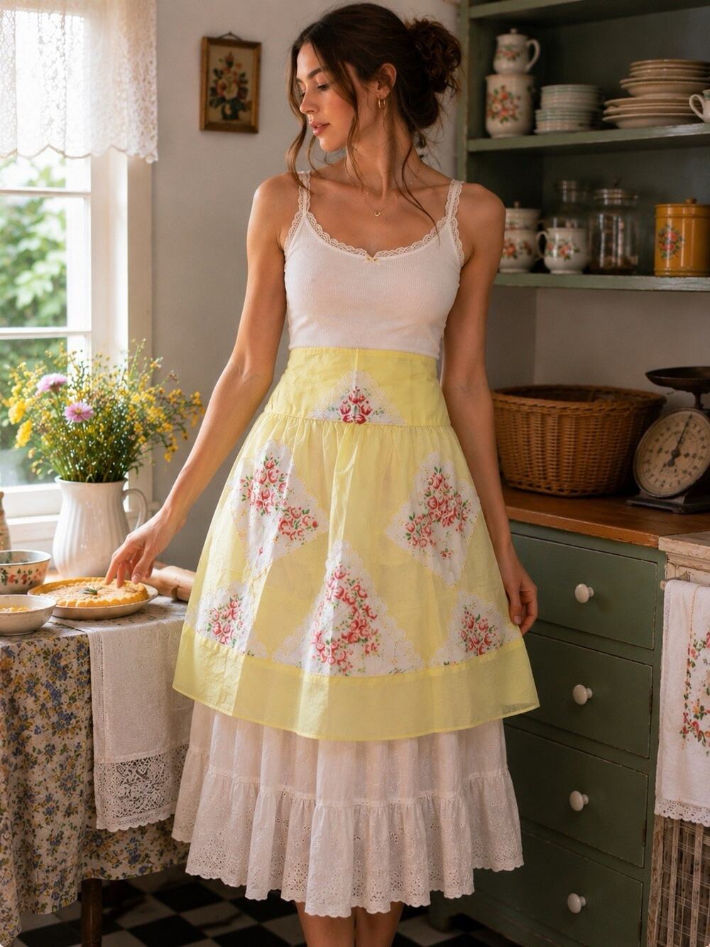 Vintage Floral Half Apron Pockets Sheer Yellow Lace Cottagecore Retro OS Patched